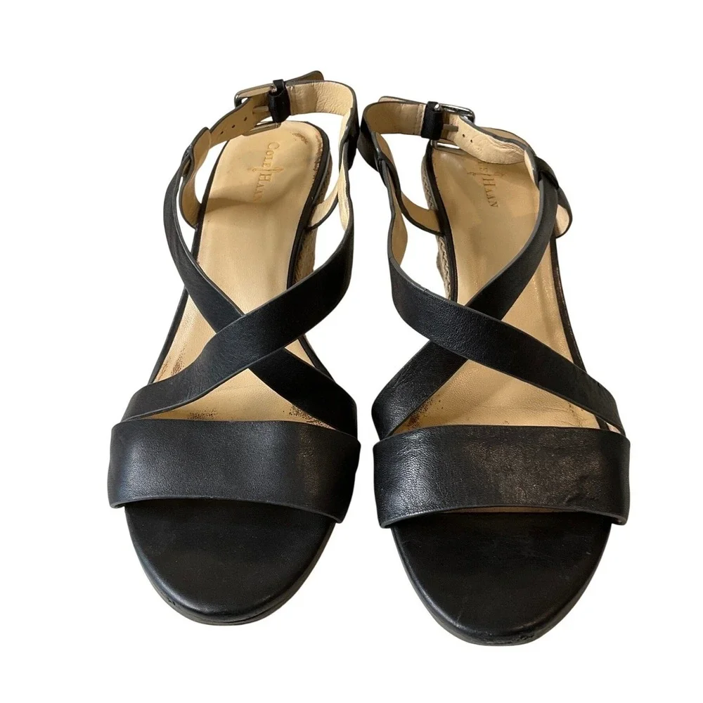 Cole Haan Grand 360 Espadrille Wedge Black Leather Sandals Strappy Summer Casual